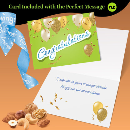 Congratulations, Nuts Gift Basket with Congrats Ribbon + Greeting Card in Reusable Wooden Tray (12… — view 4