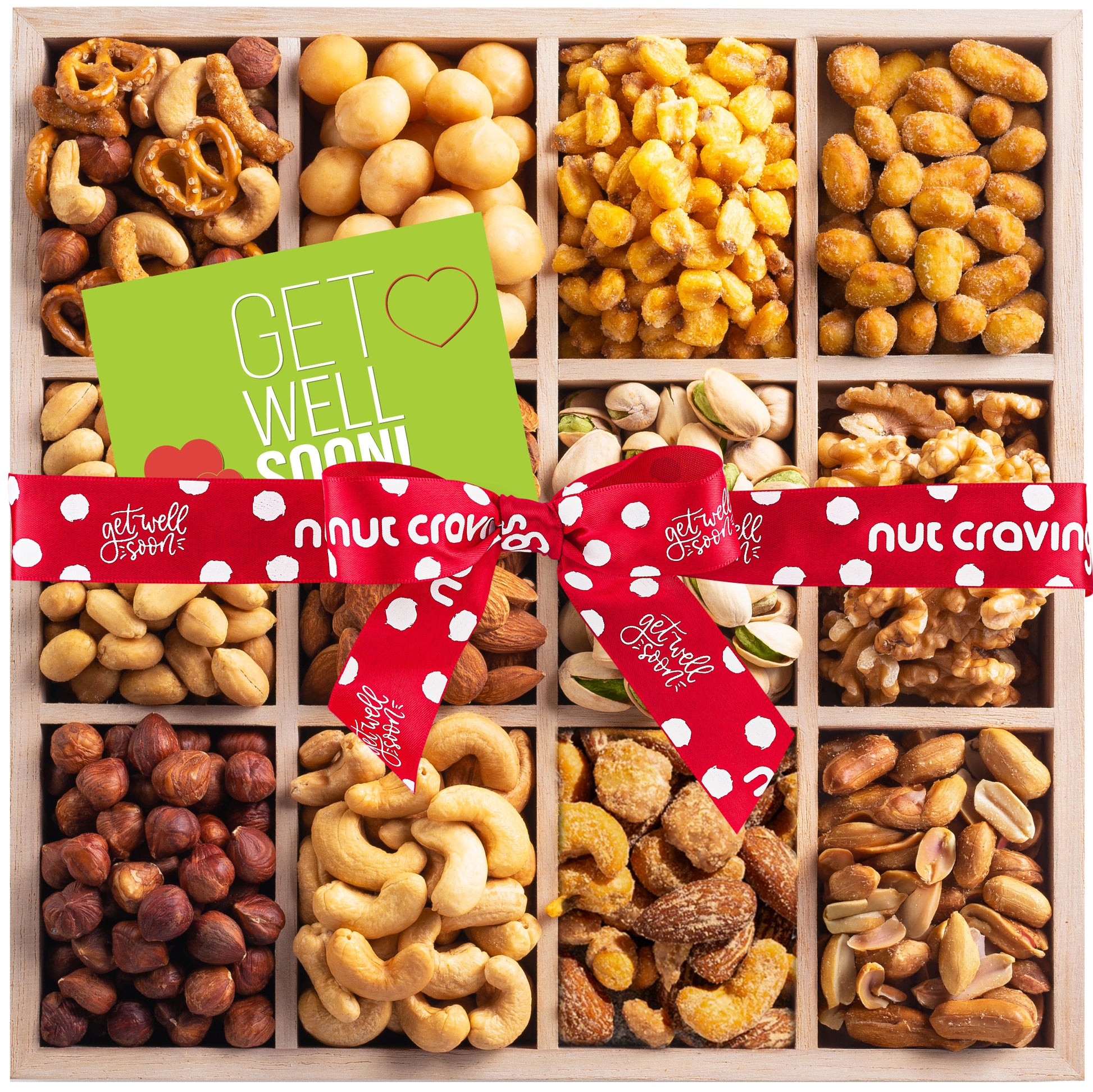 Get Well Soon, Nuts Gift Basket with Get Well Soon Ribbon in Reusable Wooden Tray (12 Assortments) Food…