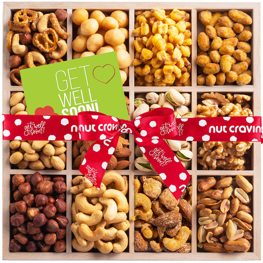 NUT CRAVINGS Gourmet Collection - Get Well Soon, Nuts Gift Basket with Get Well Soon Ribbon in Reusable Wooden Tray (12 Assortments) Food Arrangement, Healthy Snack Care Package, Food Assortments