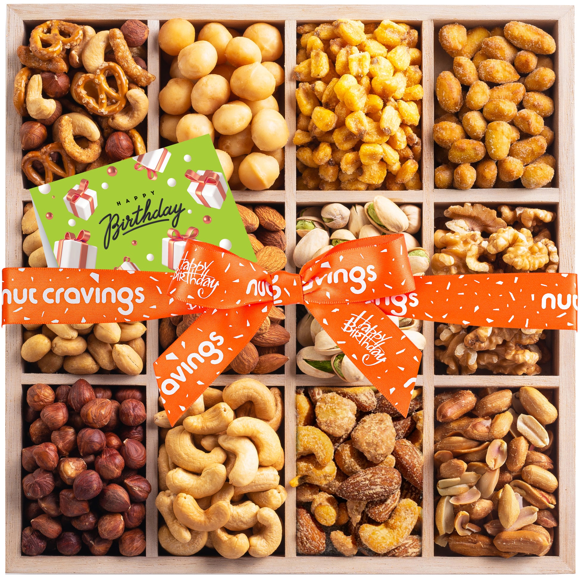 Happy Birthday Treats, Nuts Gift Basket with Bday Ribbon in Reusable Wooden Tray (12 Assortments) Food…