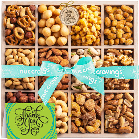 NUT CRAVINGS Gourmet Collection - Thank You Appreciation, Nuts Gift Basket with TY Ribbon + Greeting Card in Reusable Wooden Tray (12 Assortments) Food Arrangement, Healthy Snack Care Package