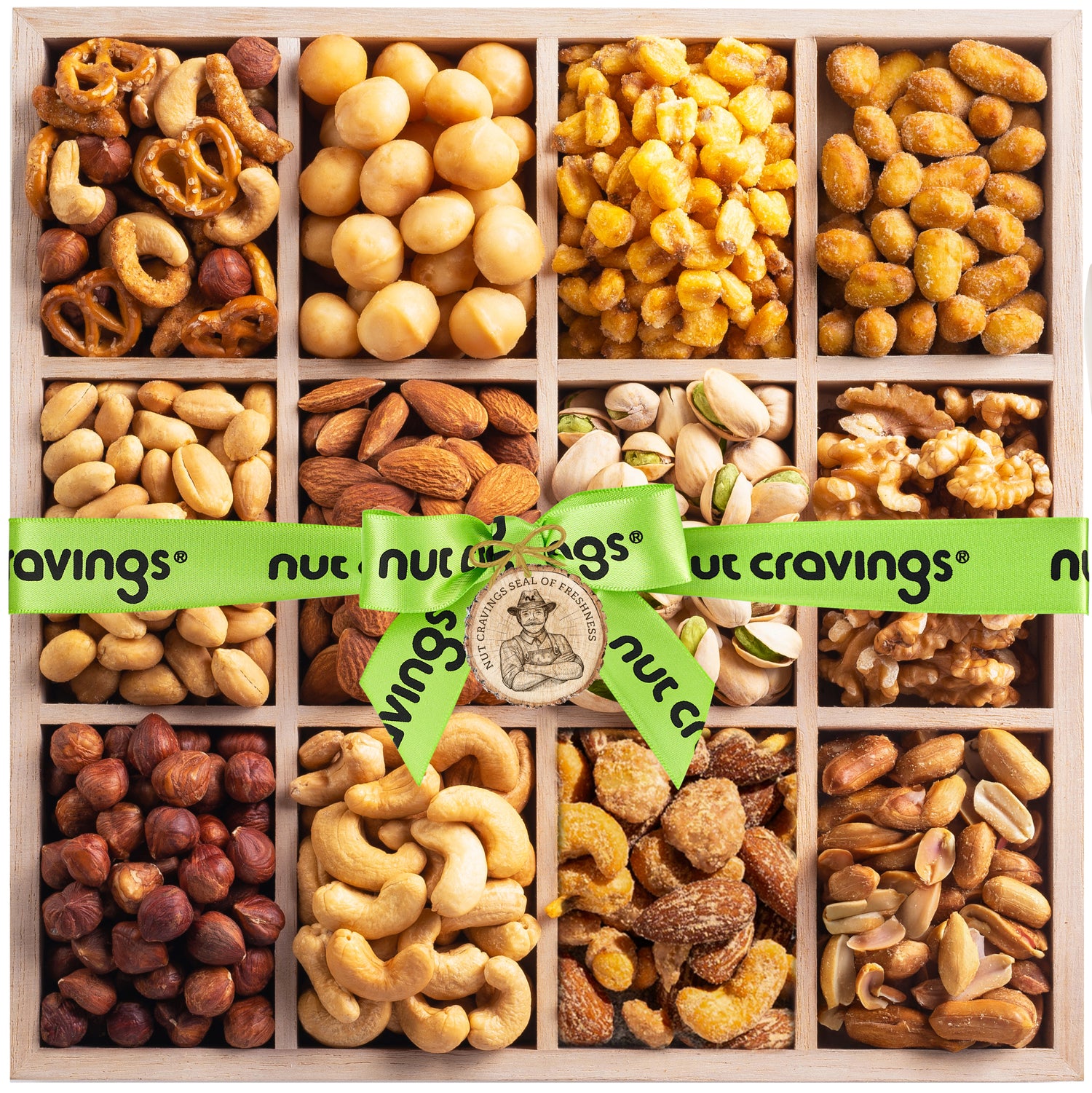Mixed Nuts Gift Basket in Reusable Wooden Tray + Green Ribbon (12 Assortments) Treats for Adults, Healthy…