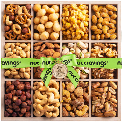 Mixed Nuts Gift Basket in Reusable Wooden Tray + Green Ribbon (12 Assortments) Treats for Adults, Healthy…
