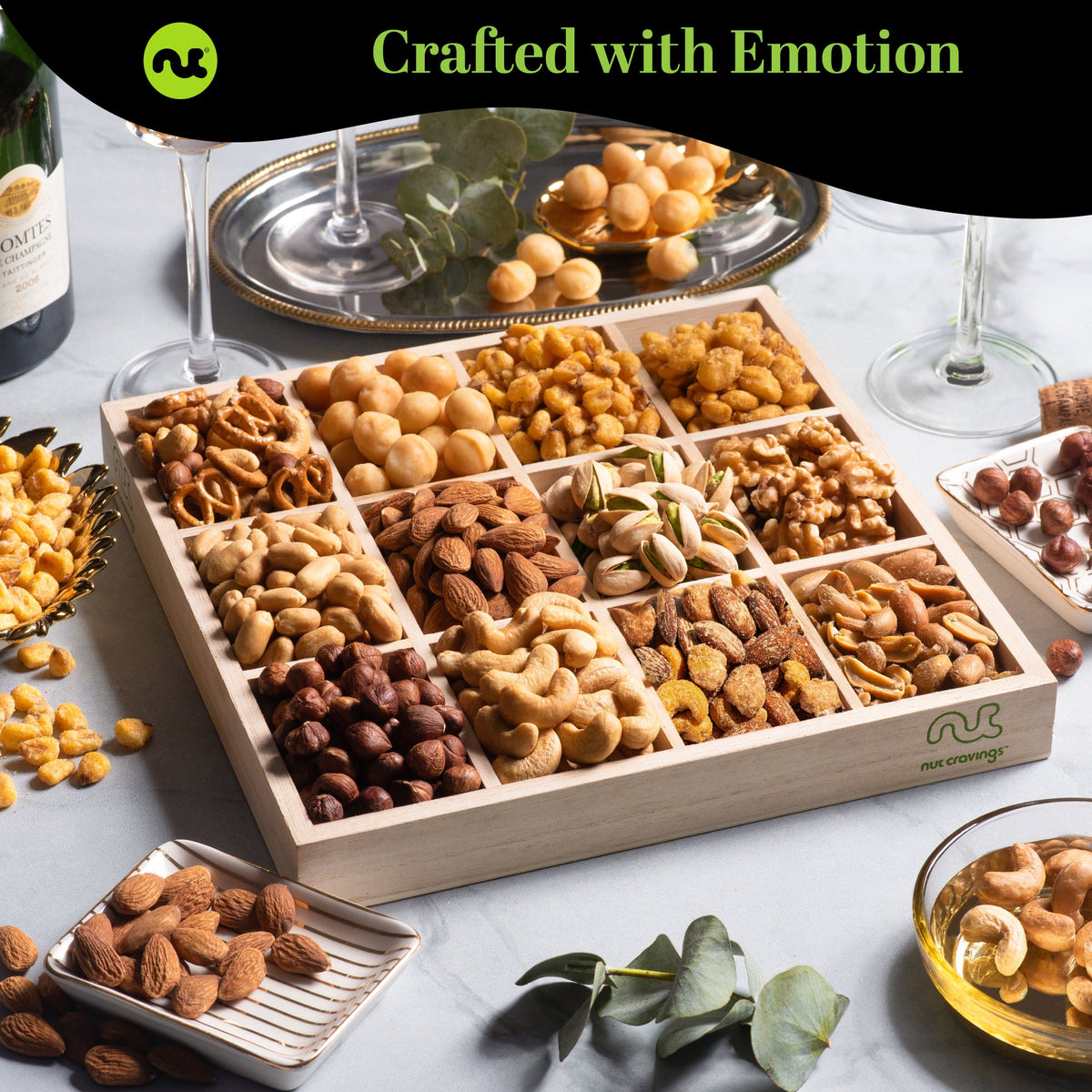 Mixed Nuts Gift Basket in Reusable Wooden Tray + Green Ribbon (12 Assortments) Treats for Adults, Healthy… — view 2