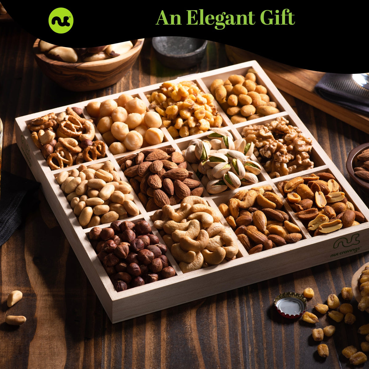 Mixed Nuts Gift Basket in Reusable Wooden Tray + Green Ribbon (12 Assortments) Treats for Adults, Healthy… — view 3