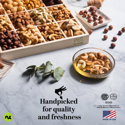 Mixed Nuts Gift Basket in Reusable Wooden Tray + Green Ribbon (12 Assortments) Treats for Adults, Healthy… — view 7