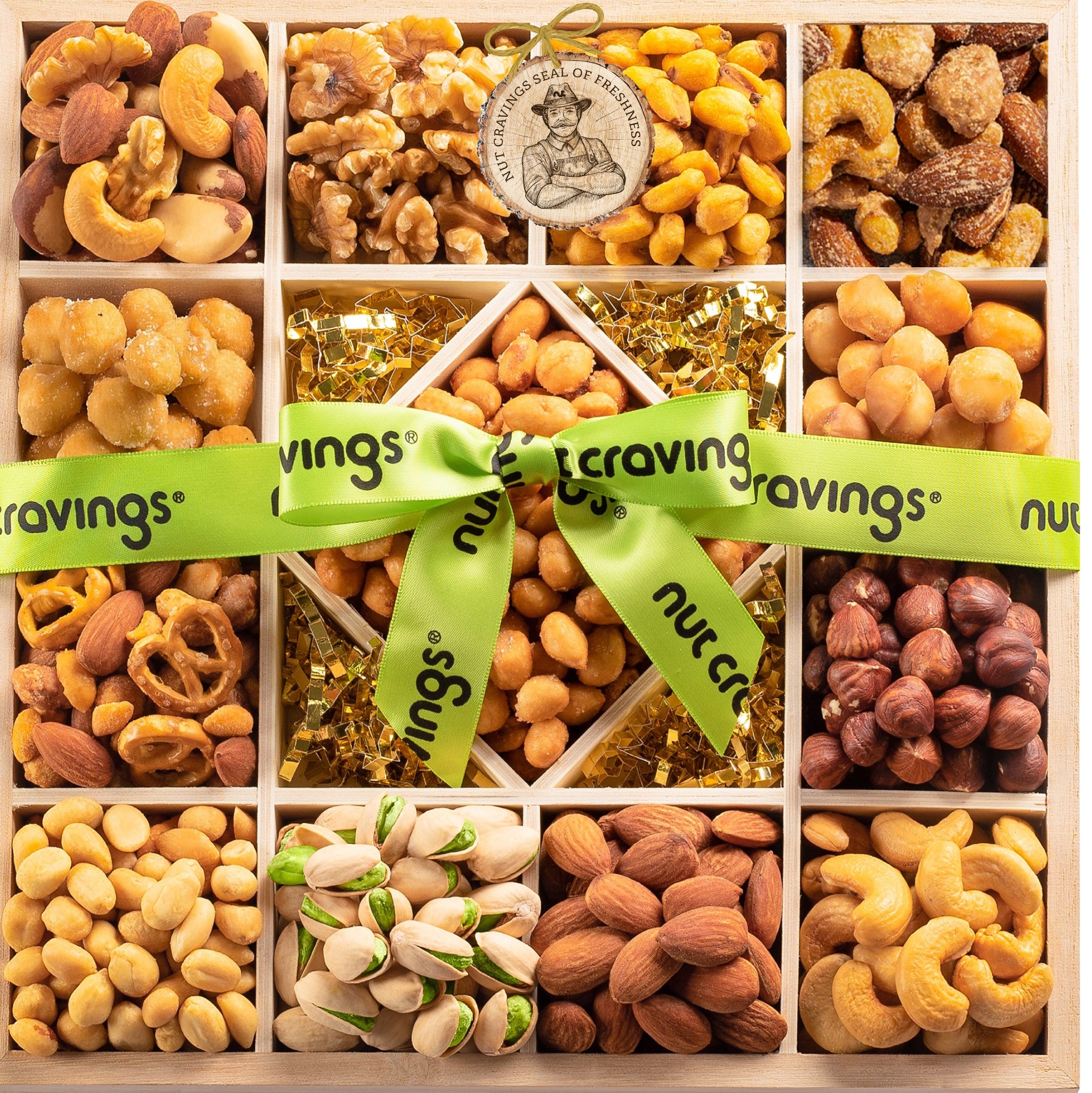 Mixed Nuts Gift Basket in Reusable Diamond Wooden Tray + Green