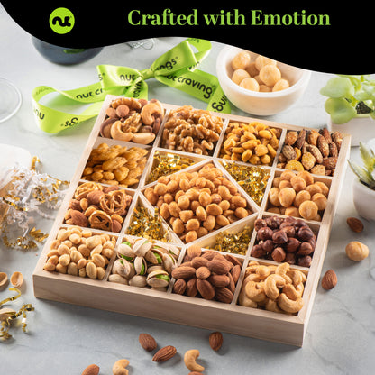 Mixed Nuts Gift Basket in Reusable Diamond Wooden Tray + Green Ribbon (13 Assortments) Treats for Adults,… — view 2