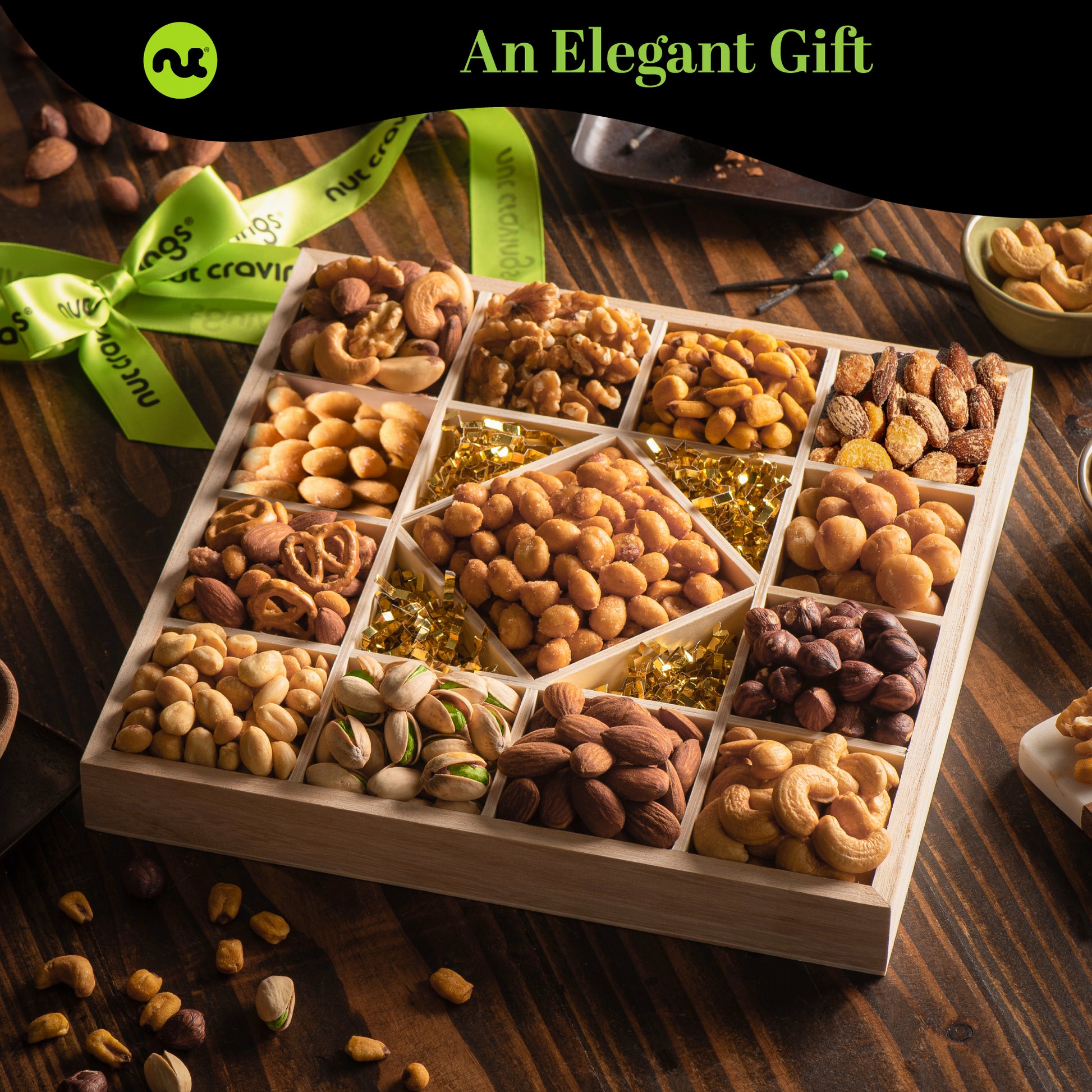 Mixed Nuts Gift Basket in Reusable Diamond Wooden Tray + Green Ribbon (13 Assortments) Treats for Adults,… — view 3