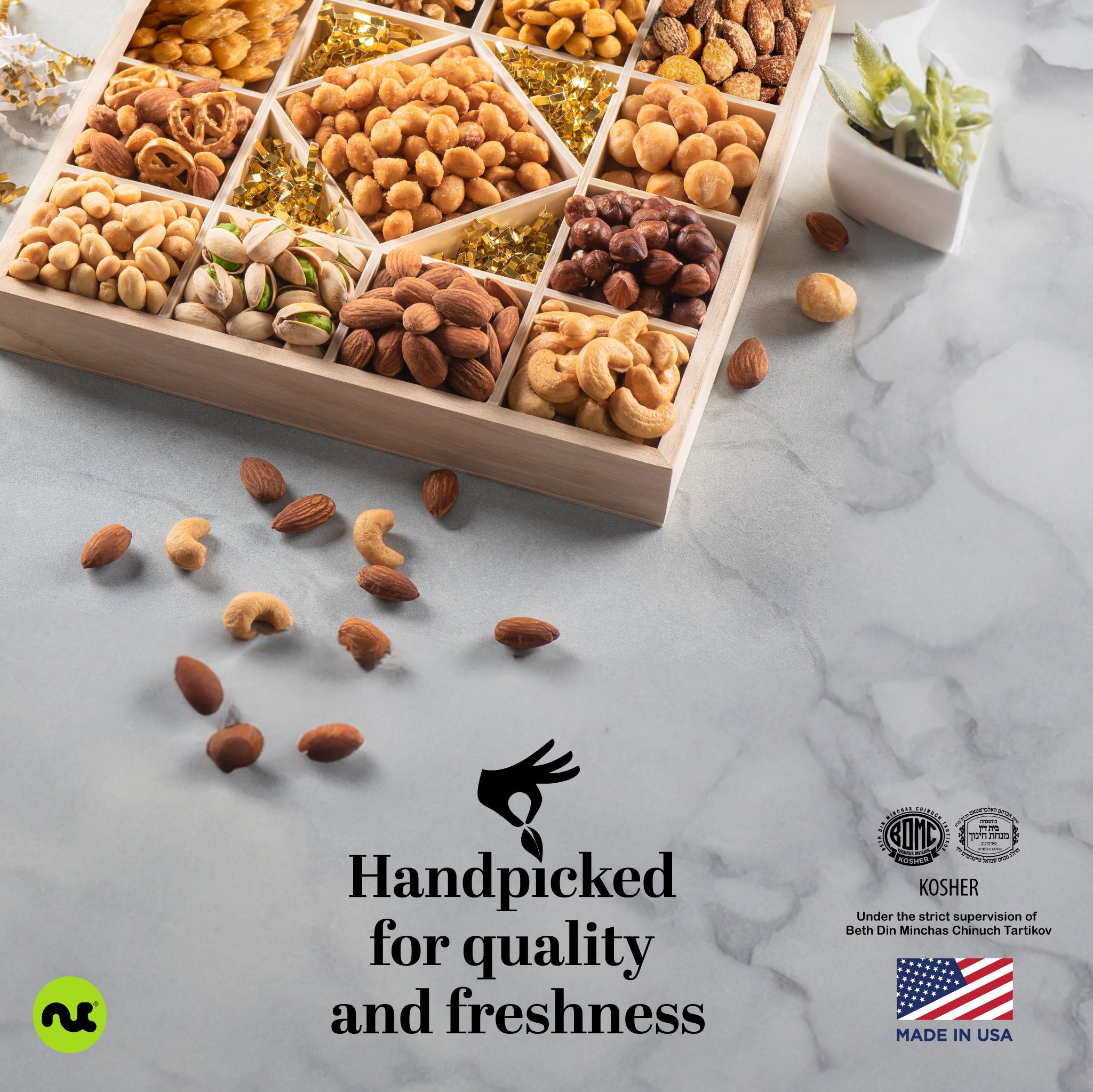 Mixed Nuts Gift Basket in Reusable Diamond Wooden Tray + Green