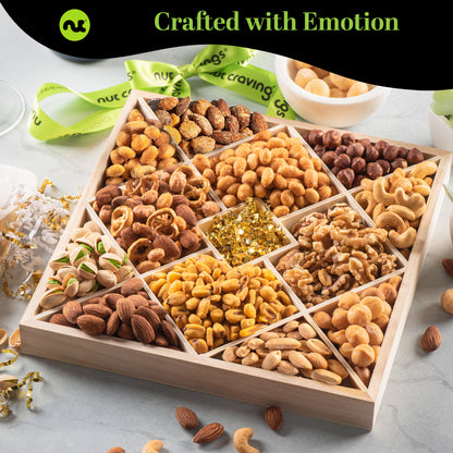 Mixed Nuts Gift Basket in Reusable Diamond Wooden Tray + Green Ribbon (12 Assortments) Treats for Adults,… — view 2