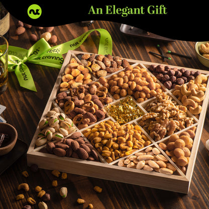 Mixed Nuts Gift Basket in Reusable Diamond Wooden Tray + Green Ribbon (12 Assortments) Treats for Adults,… — view 3