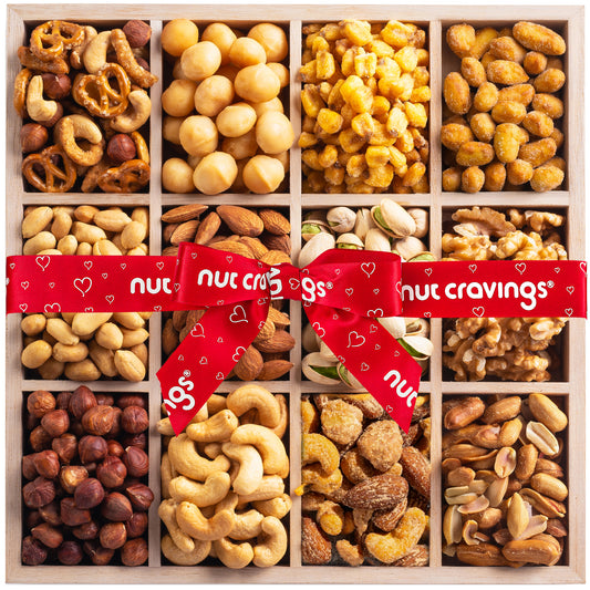 NUT CRAVINGS - Easter Mixed Nuts Gift Basket in Reusable Wooden Tray + Heart Ribbon (12 Assortments) Ramadan Gifts Treats for Adults, Food Arrangement, Healthy Snack Care Package Kosher