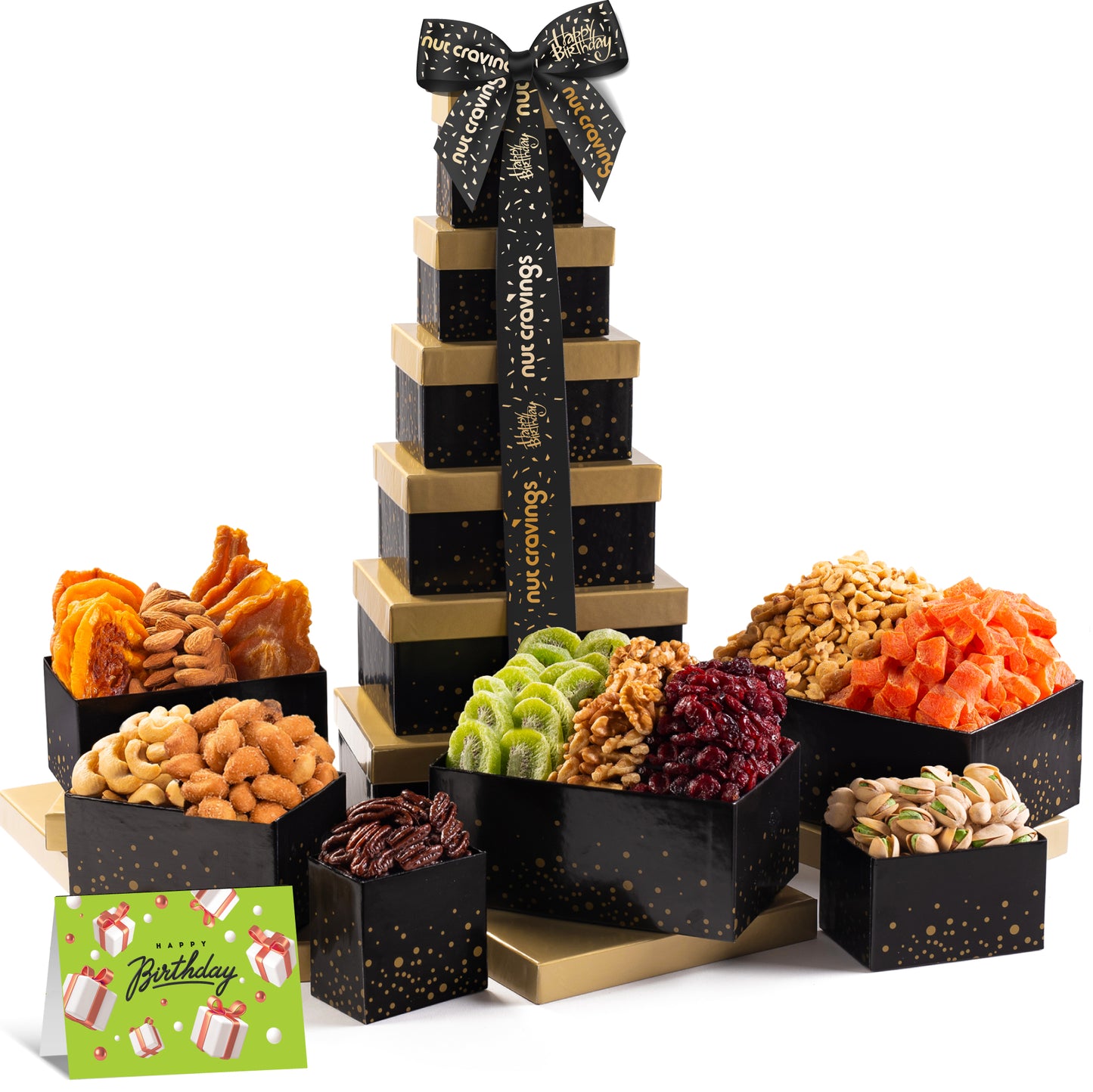 Happy Birthday Treats, Nuts & Dried Fruits Tower Gift Basket with Bday Ribbon (12 Assortments) Food…