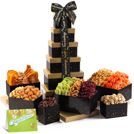NUT CRAVINGS Gourmet Collection - Congratulations, Nuts & Dried Fruits Tower Gift Basket, with Congrats Ribbon + Greeting Card (12 Assortments) Food Arrangement, Healthy Snack, Food Assortments
