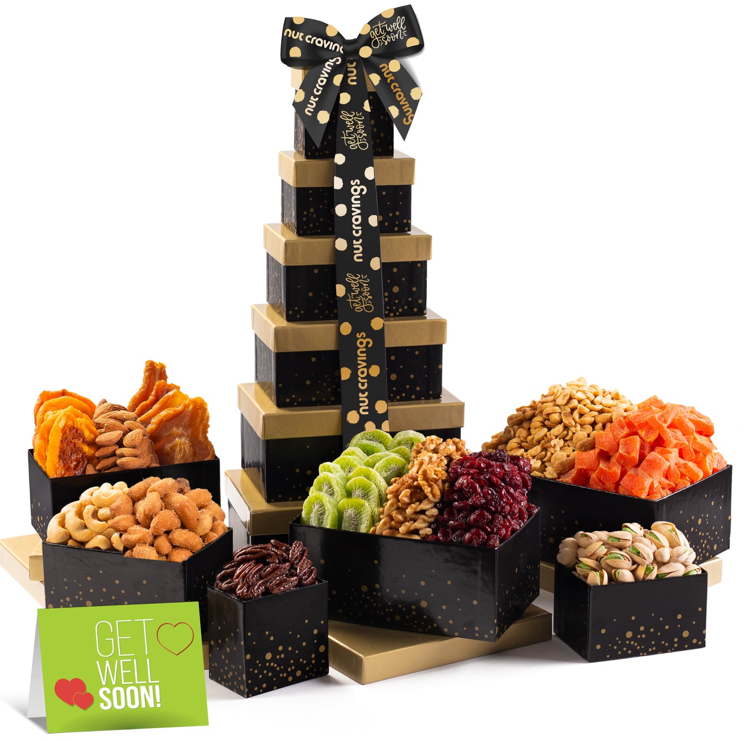 Get Well Soon, Nuts & Dried Fruits Tower Gift Basket with Get Well Soon Ribbon (12 Assortments) Food…