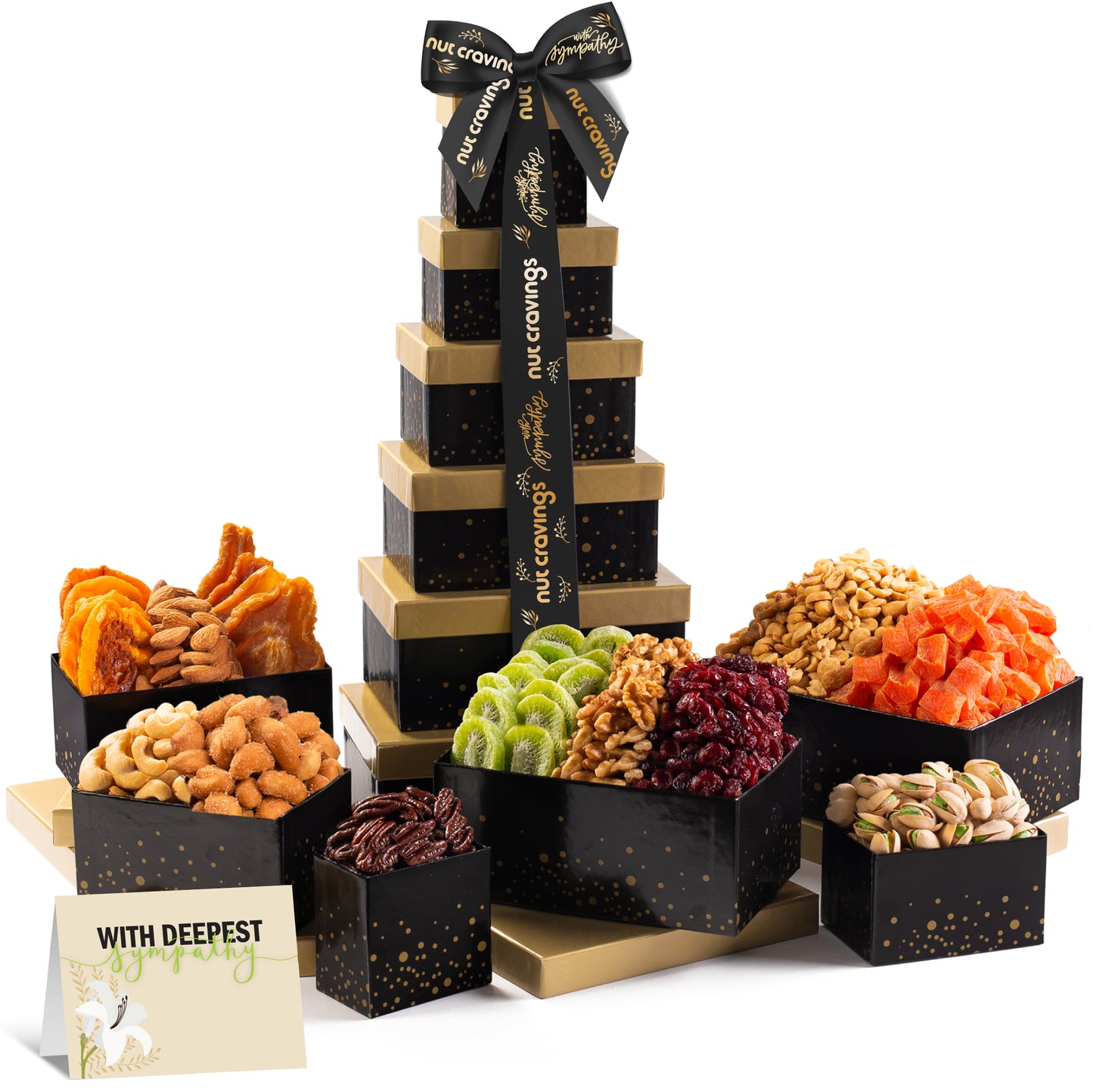 NUT CRAVINGS Gourmet Collection - Sympathy Condolence, Nuts & Dried Fruits Tower Gift Basket, with Sympathy Ribbon + Greeting Card (12 Assortments) Food Arrangement, Healthy Snack, Food Assortments