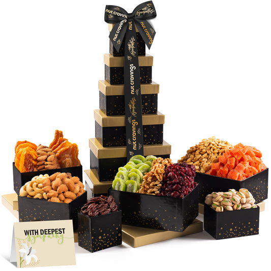 NUT CRAVINGS Gourmet Collection - Sympathy Condolence, Nuts & Dried Fruits Tower Gift Basket, with Sympathy Ribbon + Greeting Card (12 Assortments) Food Arrangement, Healthy Snack, Food Assortments