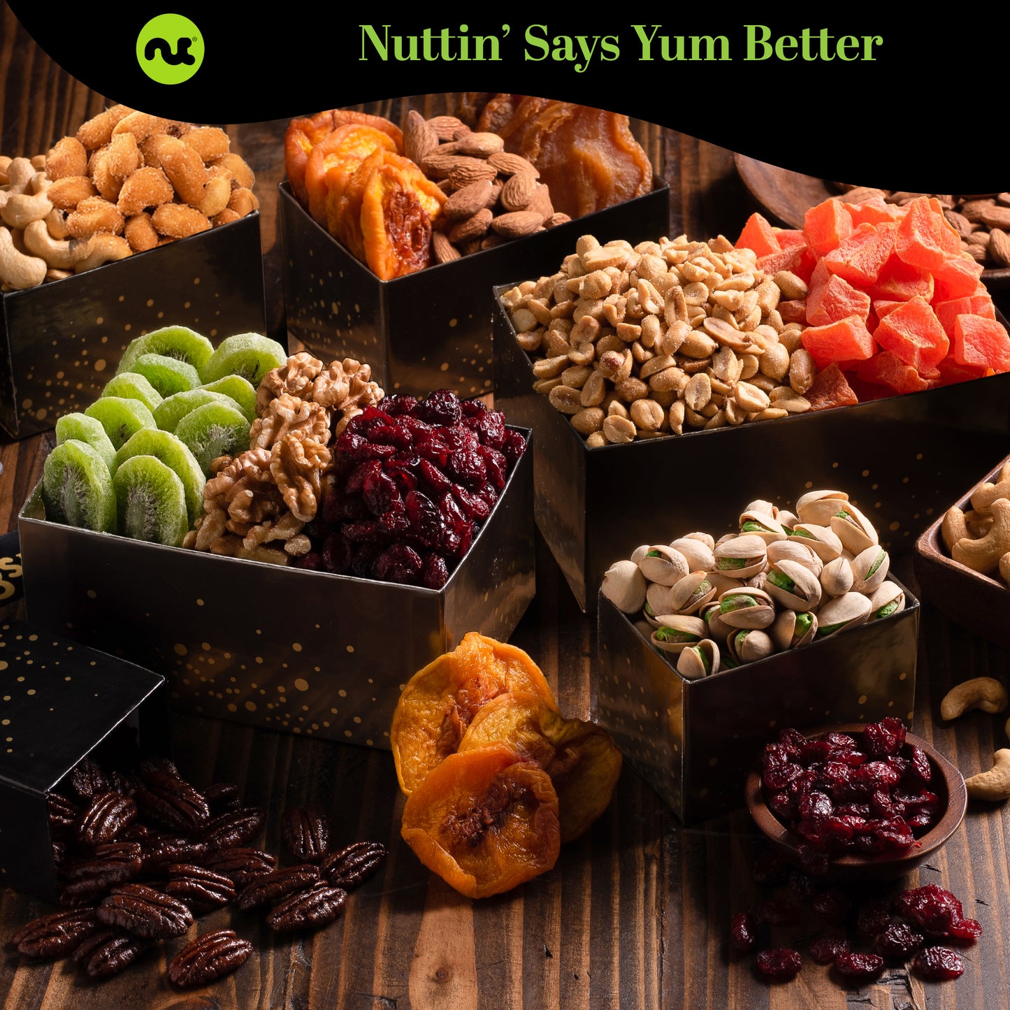 NUT CRAVINGS Gourmet Collection - Sympathy Condolence, Nuts & Dried Fruits Tower Gift Basket, with Sympathy Ribbon + Greeting Card (12 Assortments) Food Arrangement, Healthy Snack, Food Assortments