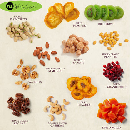 NUT CRAVINGS Gourmet Collection - Sympathy Condolence, Nuts & Dried Fruits Tower Gift Basket, with Sympathy Ribbon + Greeting Card (12 Assortments) Food Arrangement, Healthy Snack, Food Assortments