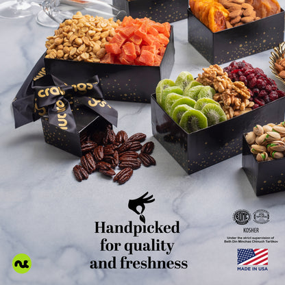 NUT CRAVINGS Gourmet Collection - Sympathy Condolence, Nuts & Dried Fruits Tower Gift Basket, with Sympathy Ribbon + Greeting Card (12 Assortments) Food Arrangement, Healthy Snack, Food Assortments