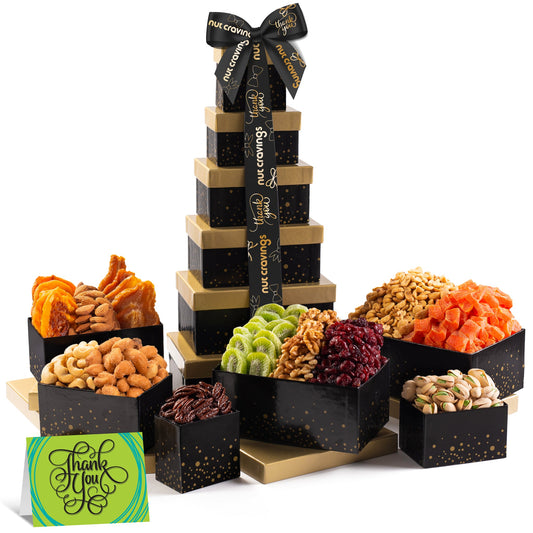 NUT CRAVINGS Gourmet Collection - Thank You Appreciation, Nuts & Dried Fruits Tower Gift Basket, with TY Ribbon + Greeting Card (12 Assortments) Food Arrangement, Healthy Snack, Food Assortments
