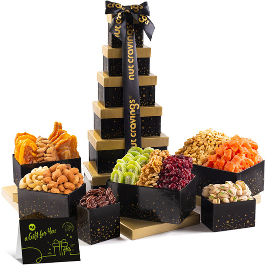 Dried Fruit & Mixed Nuts Gift Basket, Black Tower + Ribbon (12 Assortments) Food Arrangement, Healthy Snack…