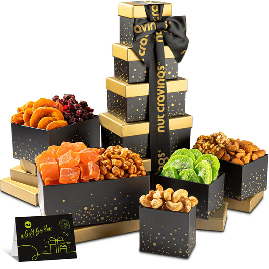 NUT CRAVINGS - Easter Dried Fruit & Mixed Nuts Gift Basket, Black Tower + Ribbon (8 Assortments) Ramadan Gifts Food Arrangement, Healthy Snack Care Package, Kosher
