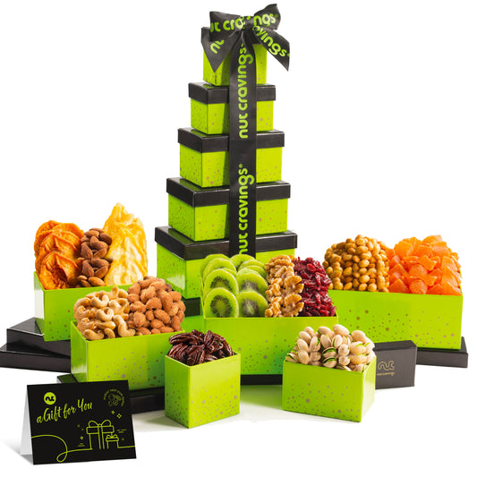 NUT CRAVINGS - Easter Dried Fruit & Mixed Nuts Gift Basket, Green Tower + Ribbon (12 Assortments) Ramadan Gifts Food Arrangement, Healthy Snack Care Package, Kosher