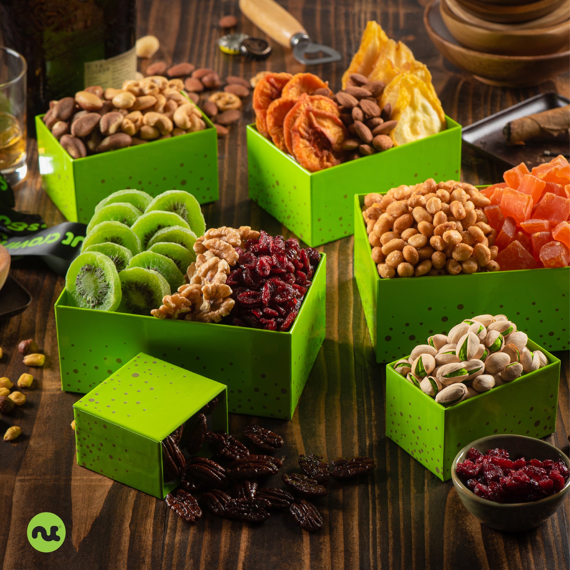 Dried Fruit & Mixed Nuts Gift Basket, Green Tower + Ribbon (12 Assortments) Food Arrangement, Healthy Snack… — view 2