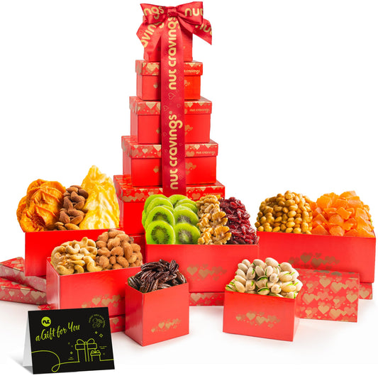 NUT CRAVINGS - Easter Dried Fruit & Mixed Nuts Gift Basket, Red Tower + Heart Ribbon (12 Assortments) Ramadan Gifts Food Arrangement, Healthy Snack Care Package, Kosher