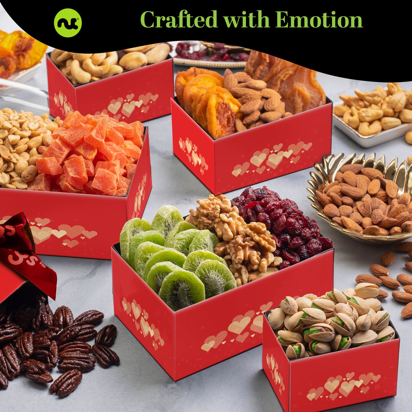 Dried Fruit & Mixed Nuts Gift Basket, Red Tower + Heart Ribbon (12 Assortments) Food Arrangement, Healthy… — view 2