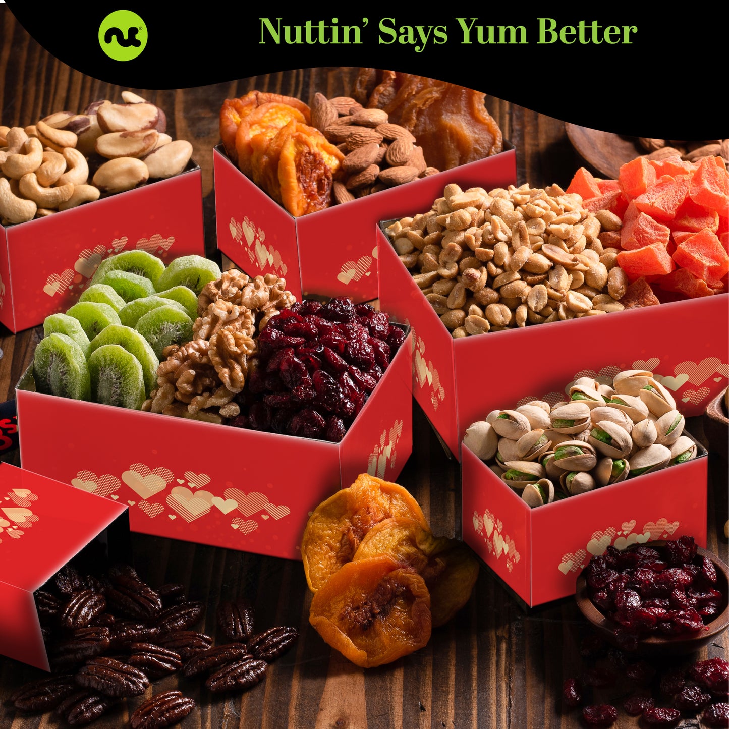 Dried Fruit & Mixed Nuts Gift Basket, Red Tower + Heart Ribbon (12 Assortments) Food Arrangement, Healthy… — view 3