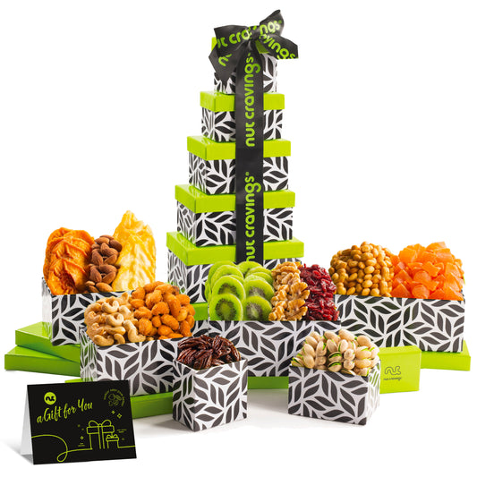 NUT CRAVINGS - Easter Dried Fruit & Mixed Nuts Gift Basket, Leaf Tower + Ribbon (12 Assortments) Ramadan Gifts Food Arrangement, Healthy Snack Care Package, Kosher