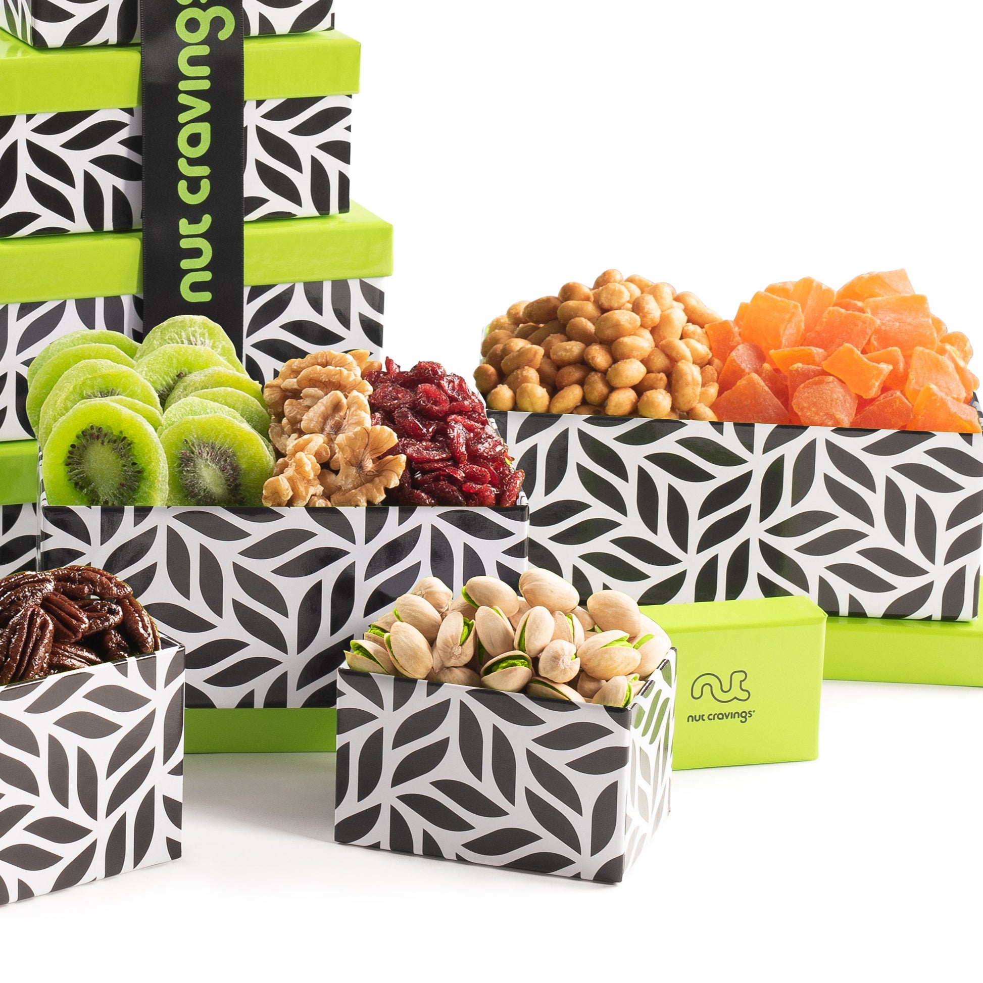 Dried Fruit & Mixed Nuts Gift Basket, Leaf Tower + Ribbon (12 Assortments) Food Arrangement, Healthy Snack… — view 2
