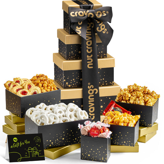 NUT CRAVINGS - Easter Chocolate Covered Pretzels & Caramel Popcorn Gift Basket, Black Tower + Ribbon (8 Assortments) Ramadan Gifts Sweet Treats, Healthy Snack Care Package, Kosher
