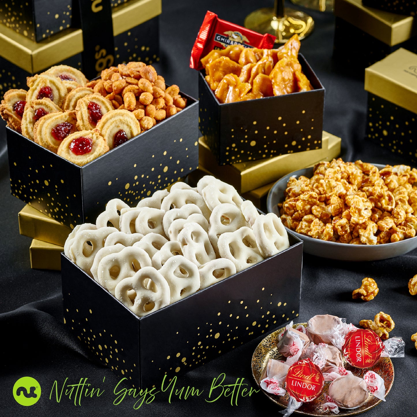 Chocolate Covered Pretzels & Caramel Popcorn Gift Basket, Black Tower + Ribbon (8 Assortments) Sweet Treats,… — view 3