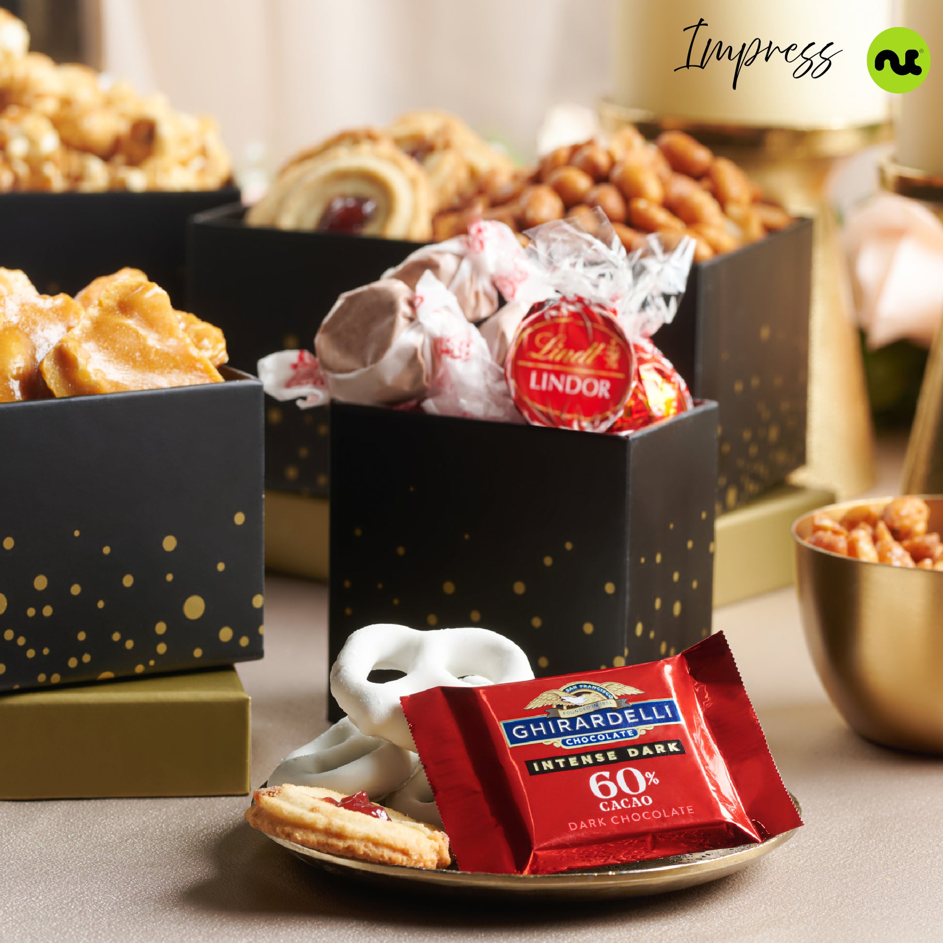Chocolate Covered Pretzels & Caramel Popcorn Gift Basket, Black Tower + Ribbon (8 Assortments) Sweet Treats,… — view 7
