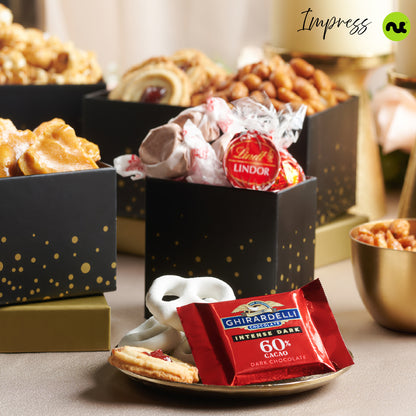 Chocolate Covered Pretzels & Caramel Popcorn Gift Basket, Black Tower + Ribbon (8 Assortments) Sweet Treats,… — view 7