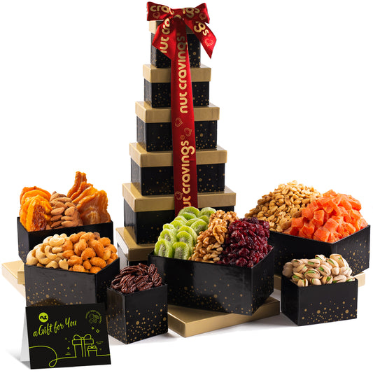 NUT CRAVINGS - Easter Dried Fruit & Mixed Nuts Gift Basket, Black Tower + Heart Ribbon (12 Assortments) Ramadan Gifts Food Arrangement, Healthy Snack Care Package, Kosher