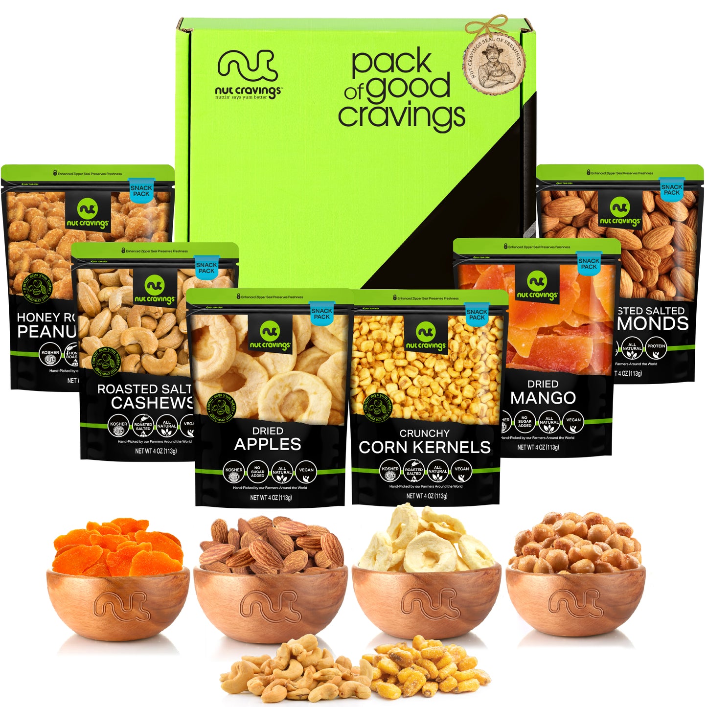Dried Fruit & Mixed Nuts Basket in Green Box (6 Assortments of 4 oz, 1.5 lb) Food Arrangement, Healthy Snack…
