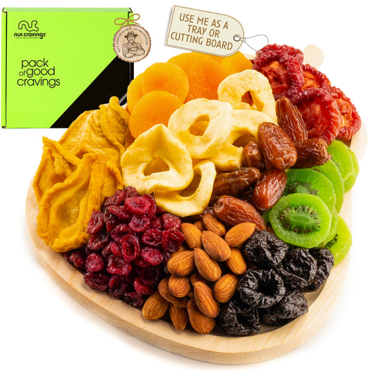 NUT CRAVINGS - Dried Fruit & Mixed Nuts Gift Basket in Wooden Pear-Shaped Tray (9 Assortments) Ramadan Gifts Food Arrangement, Healthy Snack Care Package,