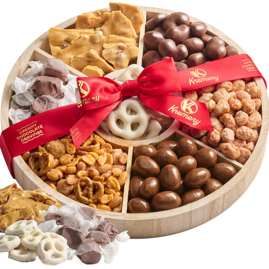 Chocolate Covered Pretzels, Nuts & Candy Gift Basket (7 Assortments) Sweet Treats in Reusable Round Wooden Tray Ribbon Kosher