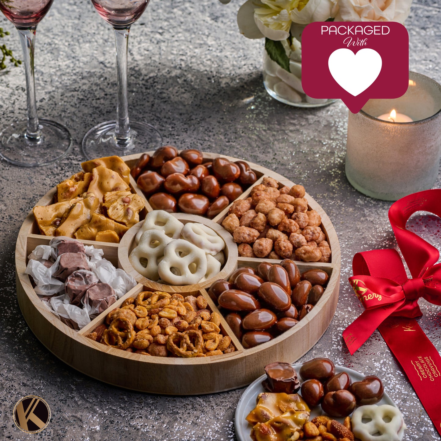 Chocolate Covered Pretzels, Nuts & Candy Gift Basket (7 Assortments) Sweet Treats in Reusable Round Wooden Tray Ribbon Kosher