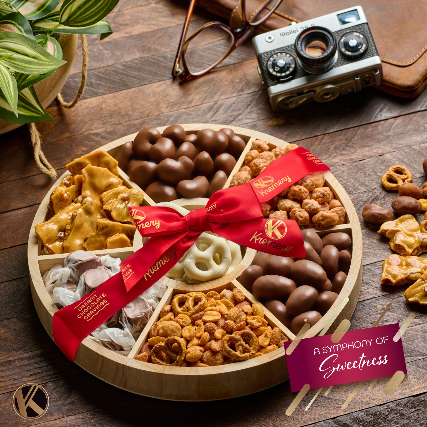 Chocolate Covered Pretzels, Nuts & Candy Gift Basket (7 Assortments) Sweet Treats in Reusable Round Wooden Tray Ribbon Kosher