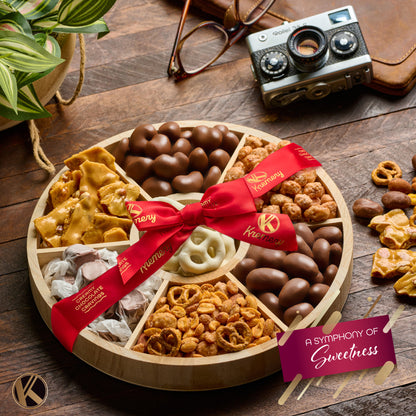 Chocolate Covered Pretzels, Nuts & Candy Gift Basket (7 Assortments) Sweet Treats in Reusable Round Wooden Tray Ribbon Kosher
