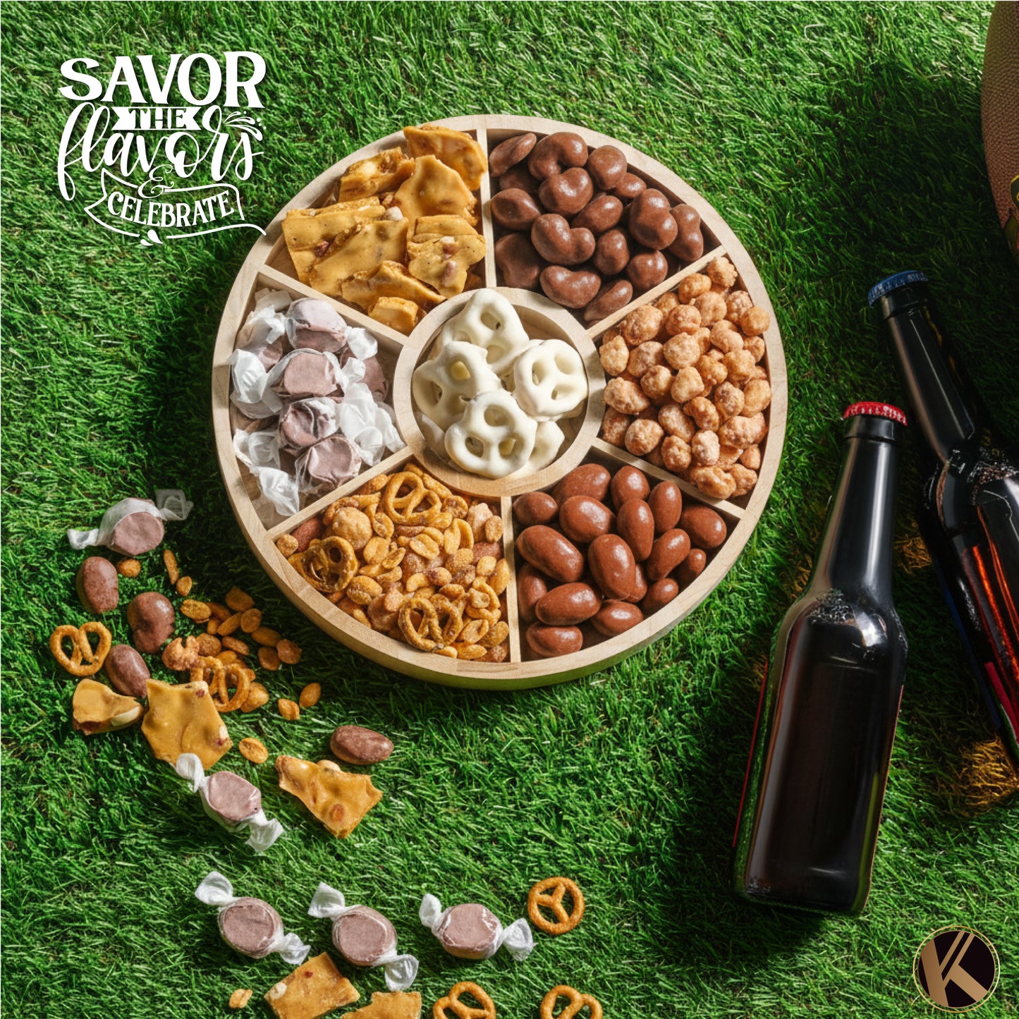 Chocolate Covered Pretzels, Nuts & Candy Gift Basket (7 Assortments) Sweet Treats in Reusable Round Wooden Tray Ribbon Kosher