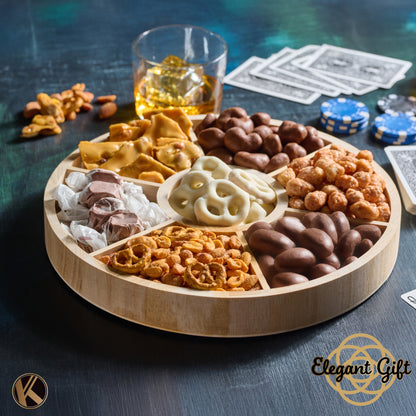 Chocolate Covered Pretzels, Nuts & Candy Gift Basket (7 Assortments) Sweet Treats in Reusable Round Wooden Tray Ribbon Kosher