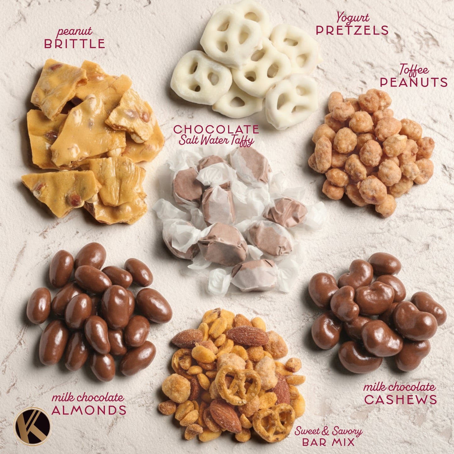 Chocolate Covered Pretzels, Nuts & Candy Gift Basket (7 Assortments) Sweet Treats in Reusable Round Wooden Tray Ribbon Kosher