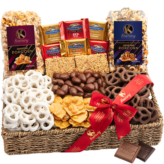 KREMERY Creamy Chocolate Cravings Easter Chocolate Covered Pretzels, Nuts, Candy & Caramel Popcorn (Deluxe, 3.5 lbs) Ramadan Gifts Sweet Treats in Seagrass Tray with Ribbon Kosher